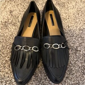 Tahari Black Fringe Loafers with Silver Chain Accent